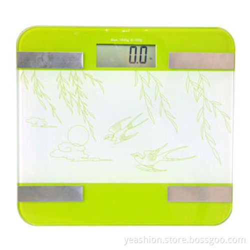 Square digital body fat weighing scales, CE/RoHS, tempered glass platform, big LCD screen